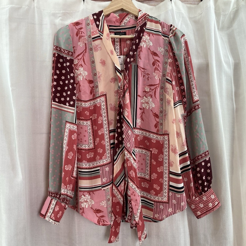 NWT Talbots Womens XS Patchwork Print Tie Neck Blouse Shirt Top‎ Long Sleeve
